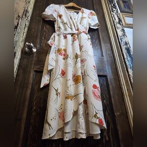 Wmn's ModCloth 'Poetic Presence' White & Pink Floral Faux Wrap High-Low Dress
